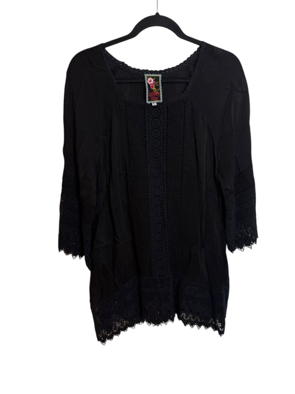 Johnny Was Black Crochet Trim Bohemian Tunic Top